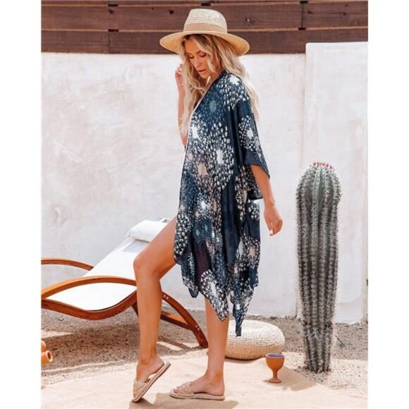 Boho Navy Blue Geometric Printed Cardigan Kimono Duster‎ Bikini Swimsuit Coverup - Picture 4 of 6